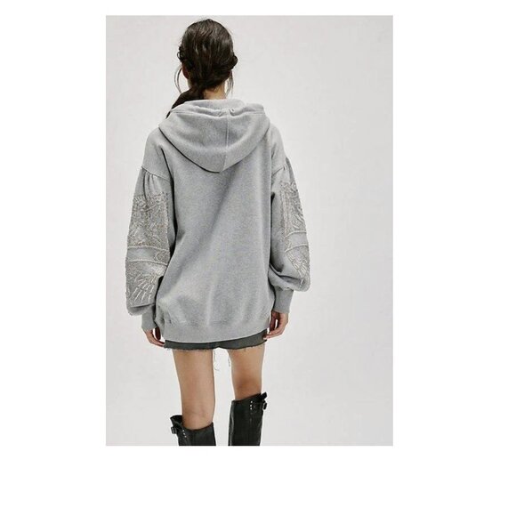 🔥Free People Encrusted Hooded Sweatshirt, XS, Heather Grey Combo // NWT🔥 - Picture 5 of 11